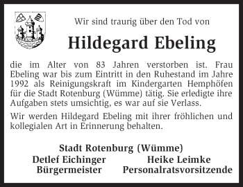 Traueranzeige von Hildegard Ebeling von KREISZEITUNG SYKE