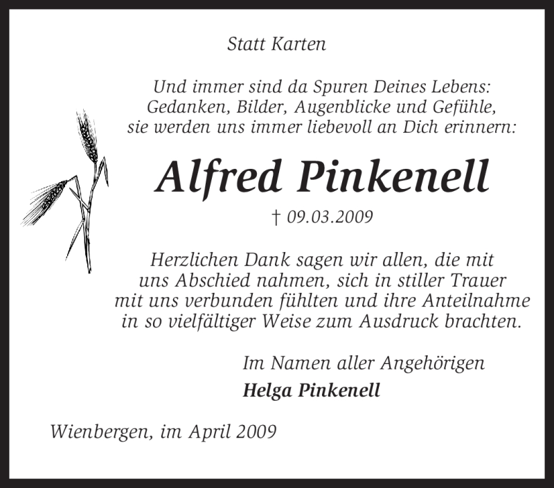  Traueranzeige für Alfred Pinkenell vom 25.04.2009 aus KREISZEITUNG SYKE