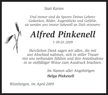 Traueranzeige von Alfred Pinkenell von KREISZEITUNG SYKE