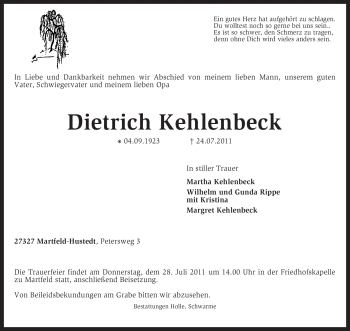 Traueranzeige von Dietrich Kehlenbeck von KREISZEITUNG SYKE