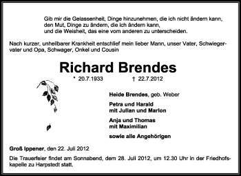 Traueranzeige von Richard Brendes von KREISZEITUNG SYKE