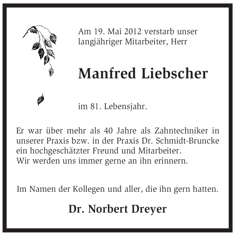  Traueranzeige für Manfred Liebscher vom 26.05.2012 aus KREISZEITUNG SYKE
