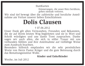 Traueranzeige von Dolis Clausen von KREISZEITUNG SYKE