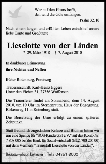 Traueranzeige von Lieselotte von der Linden von KREISZEITUNG SYKE