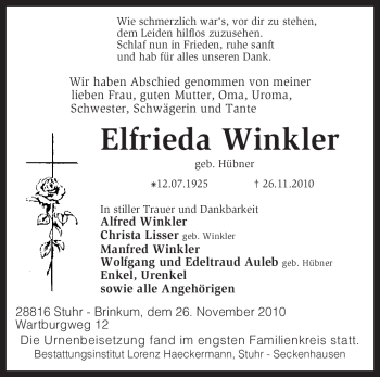 Traueranzeige von Elfrieda Winkler von KREISZEITUNG SYKE