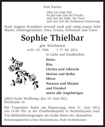 Traueranzeige von Sophie Thielbar von KREISZEITUNG SYKE