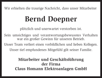 Traueranzeige von Bernd Doepner von KREISZEITUNG SYKE