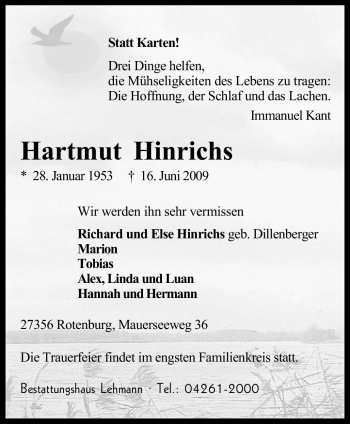 Traueranzeige von Hartmut Hinrichs von KREISZEITUNG SYKE