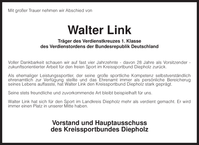  Traueranzeige für Walter Link vom 19.01.2010 aus KREISZEITUNG SYKE