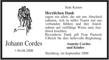 Traueranzeige von Johann Cordes von KREISZEITUNG SYKE