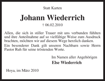 Traueranzeige von Johann Wiederrich von KREISZEITUNG SYKE