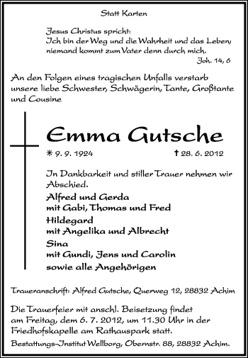 Traueranzeige von Emma Gutsche von KREISZEITUNG SYKE