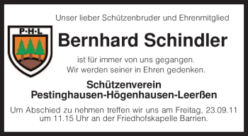 Traueranzeige von Bernhard Schindler von KREISZEITUNG SYKE