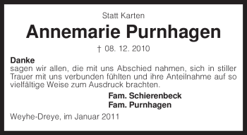 Traueranzeige von Annemarie Purnhagen von KREISZEITUNG SYKE