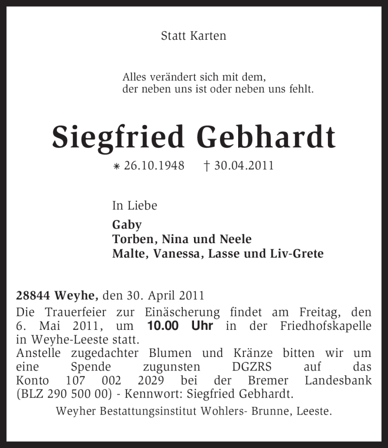  Traueranzeige für Siegfried Gebhardt vom 05.05.2011 aus KREISZEITUNG SYKE