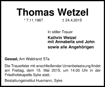 Traueranzeige von Thomas Wetzel von KRZ