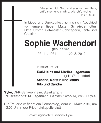 Traueranzeige von Sophie Wachendorf von KREISZEITUNG SYKE