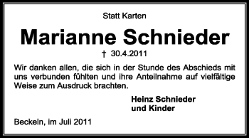 Traueranzeige von Marianne Schnieder von KREISZEITUNG SYKE