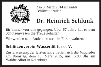 Traueranzeige von Heinrich Schlunk von KRZ
