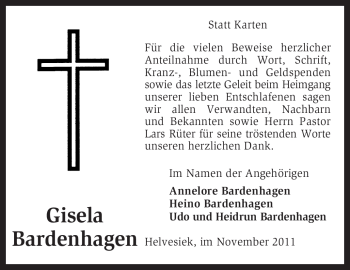 Traueranzeige von Gisela Bardenhagen von KREISZEITUNG SYKE