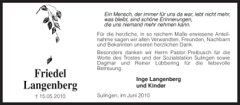 Traueranzeige von Friedel Langenberg von KREISZEITUNG SYKE