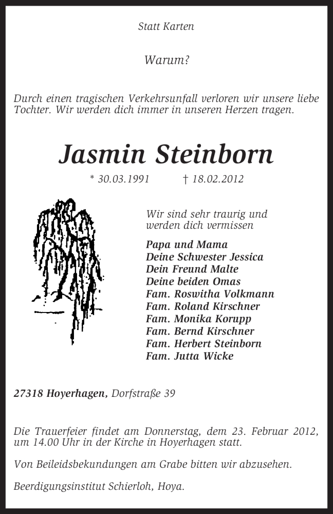  Traueranzeige für Jasmin Steinborn vom 20.02.2012 aus KREISZEITUNG SYKE