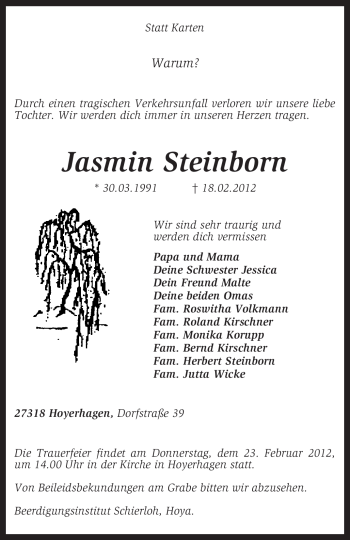 Traueranzeige von Jasmin Steinborn von KREISZEITUNG SYKE