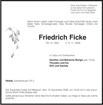 Traueranzeige von Friedrich Ficke von KREISZEITUNG SYKE