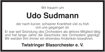 Traueranzeige von Udo Sudmann von KREISZEITUNG SYKE