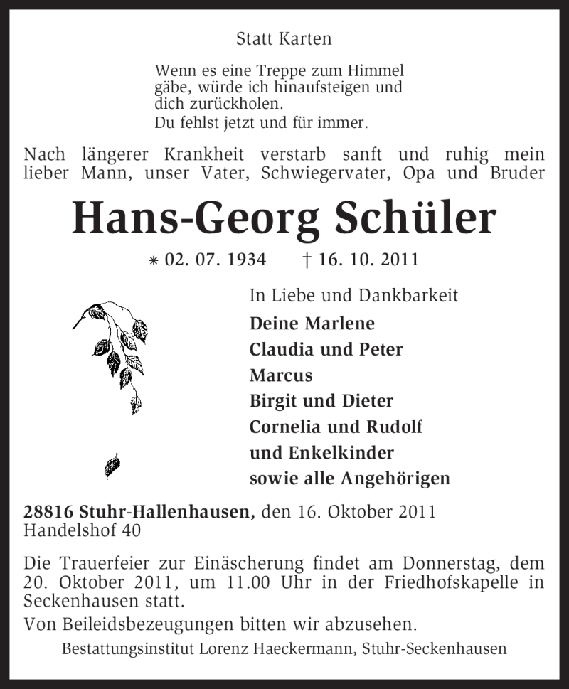  Traueranzeige für Hans-Georg Schüler vom 18.10.2011 aus KREISZEITUNG SYKE