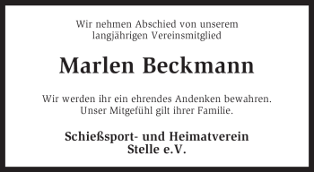 Traueranzeige von Marlen Beckmann von KREISZEITUNG SYKE