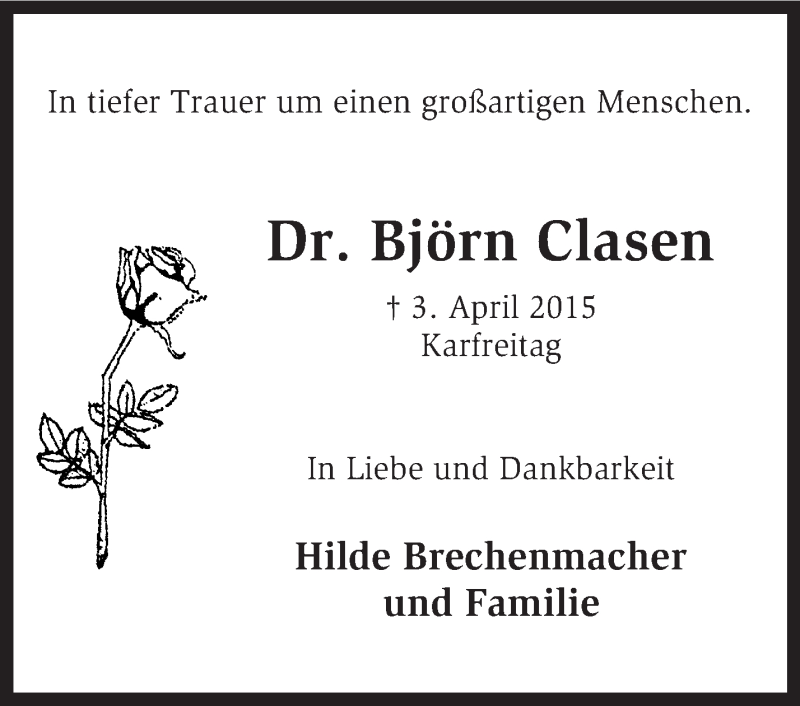  Traueranzeige für Björn Clasen vom 10.04.2015 aus KRZ