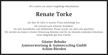 Traueranzeige von Renate Torke von KREISZEITUNG SYKE