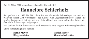 Traueranzeige von Hannelore Schierholz von KREISZEITUNG SYKE