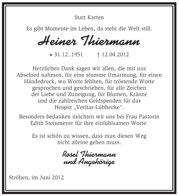 Traueranzeige von Heiner Thiermann von KREISZEITUNG SYKE