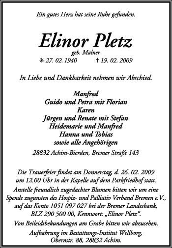 Traueranzeige von Elinor Pletz von KREISZEITUNG SYKE