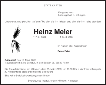 Traueranzeige von Heinz Meier von KREISZEITUNG SYKE