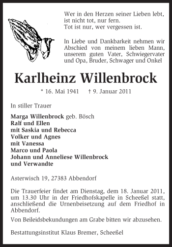 Traueranzeige von Karlheinz Willenbrock von KREISZEITUNG SYKE