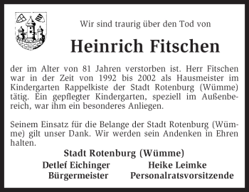 Traueranzeige von Heinrich Fitschen von KREISZEITUNG SYKE