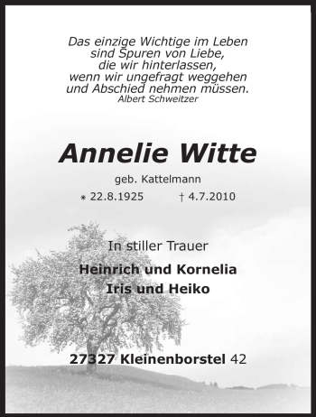 Traueranzeige von Annelie Witte von KREISZEITUNG SYKE