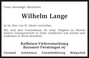 Traueranzeige von Wilhelm Lange von KREISZEITUNG SYKE