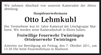 Traueranzeige von Otto Lehmkuhl von KREISZEITUNG SYKE