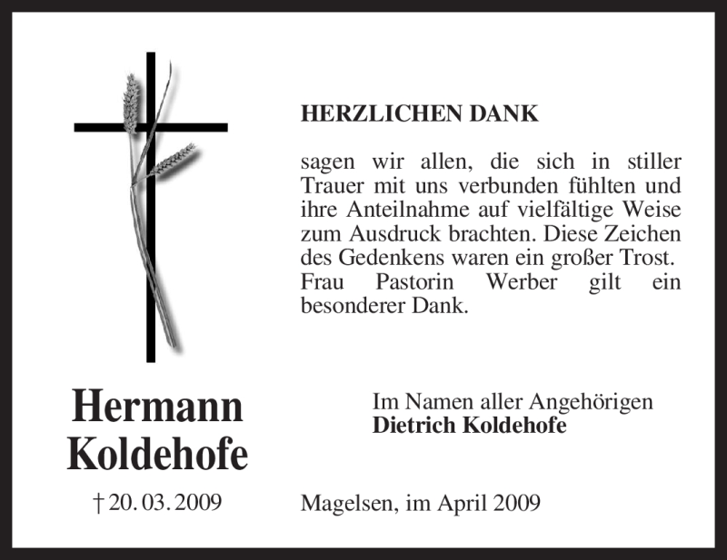  Traueranzeige für Hermann Koldehofe vom 25.04.2009 aus KREISZEITUNG SYKE