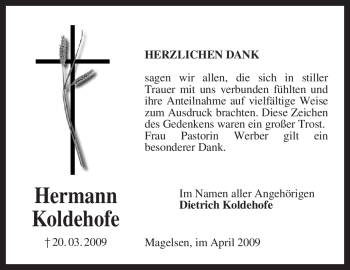 Traueranzeige von Hermann Koldehofe von KREISZEITUNG SYKE