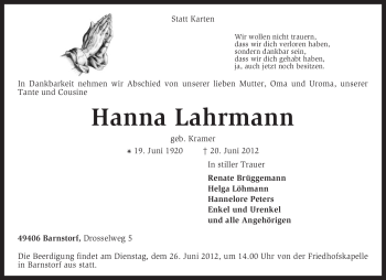 Traueranzeige von Hanna Lahrmann von KREISZEITUNG SYKE