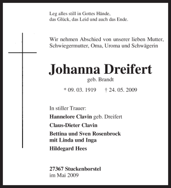 Traueranzeige von Johanna Dreifert von KREISZEITUNG SYKE