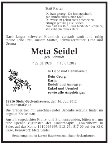 Traueranzeige von Meta Seidel von KREISZEITUNG SYKE