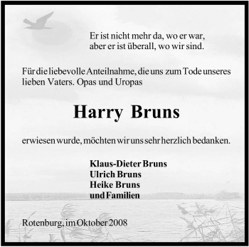 Traueranzeige von Harry Bruns von KREISZEITUNG SYKE