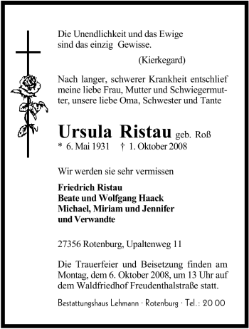Traueranzeige von Ursula Ristau von KREISZEITUNG SYKE