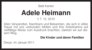 Traueranzeige von Adele Heimann von KREISZEITUNG SYKE